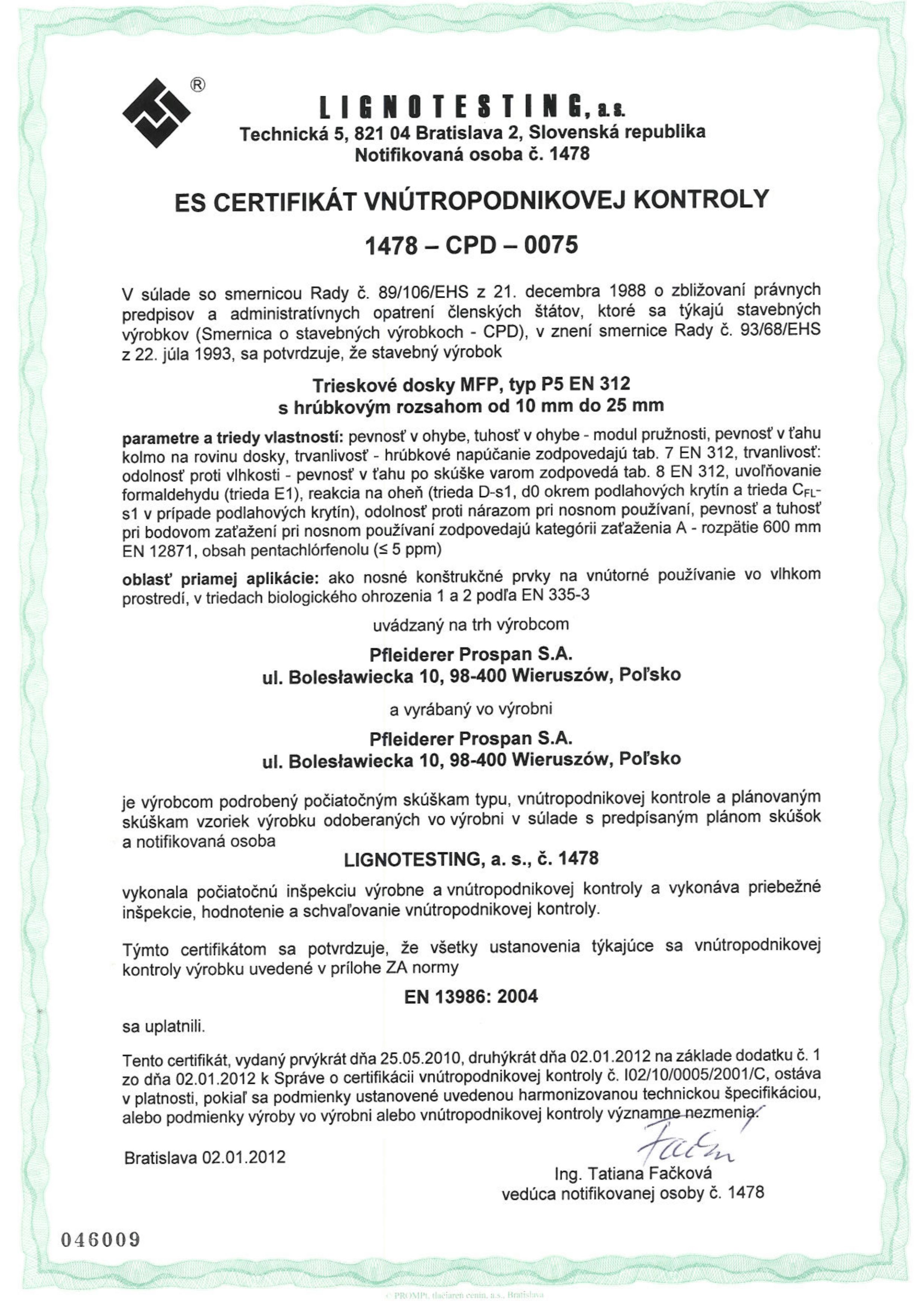Certifikat CE SK doska drevotrieskova stavebna